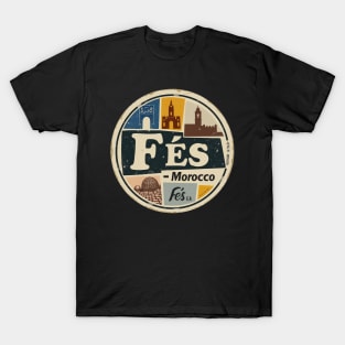 Fez Passport Stamp T-Shirt – Vintage Fès Morocco Travel Design with Blue Gate and Mosaic Icons T-Shirt